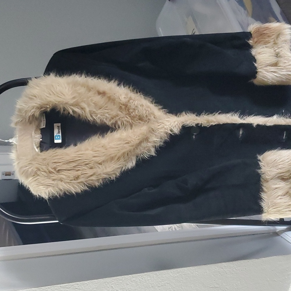 Suede black coat, Brown faux fur (XS) by Blucid